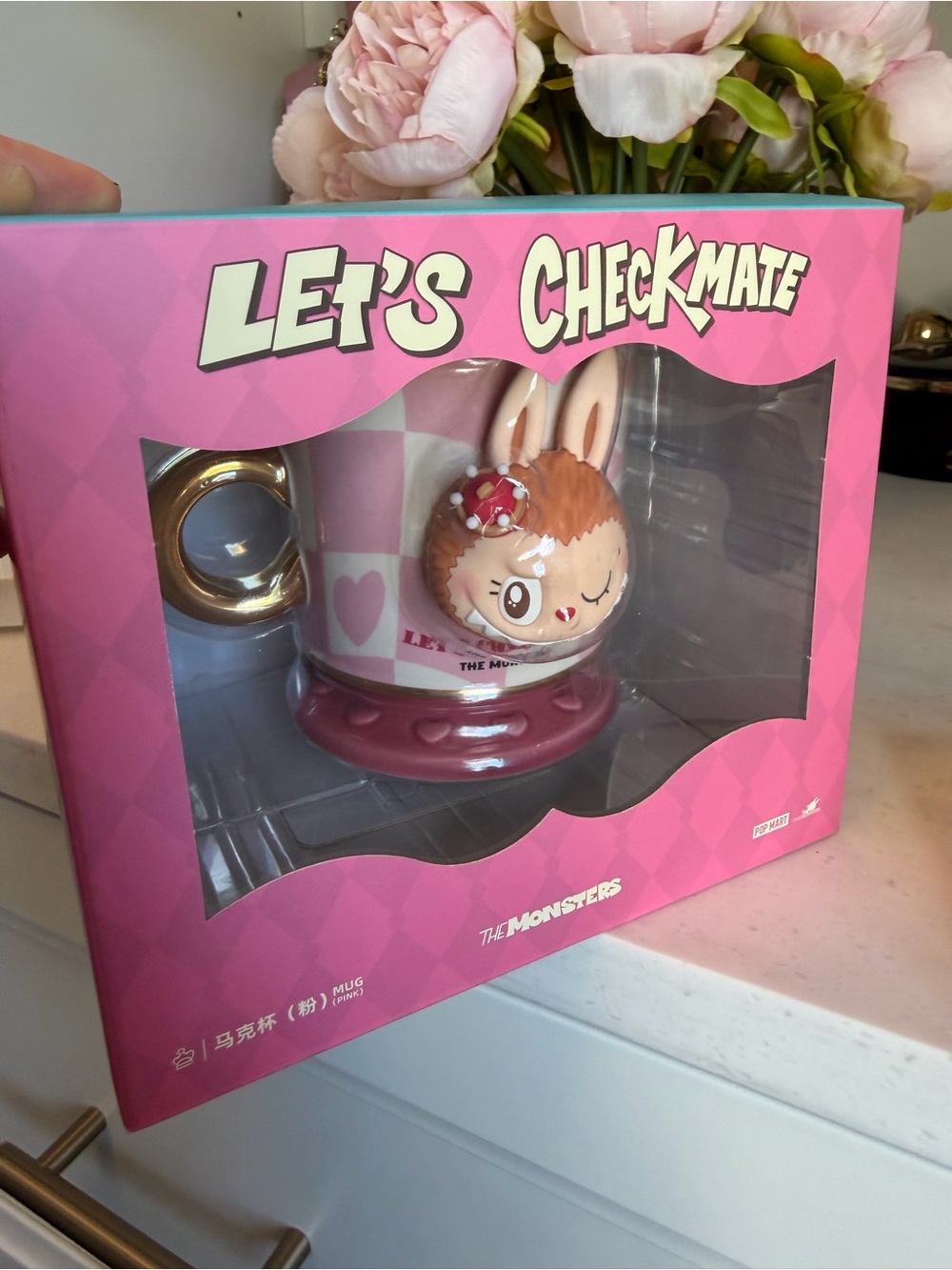 Let's Checkmate Pink Monster pink white Ceramic Mug Gold Handle NIB collectible